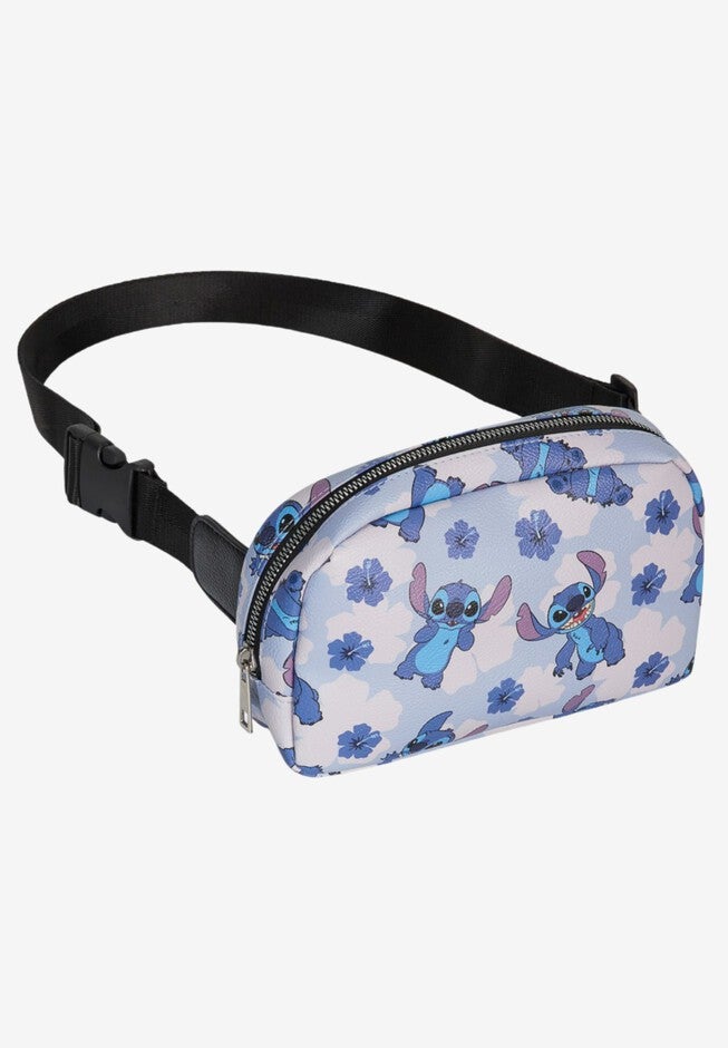 Disney Stitch Belt Bag Belt Bag Crossbody Zippered Floral All-Over Print Blue Faux Leather, BLUE, hi-res image number 0