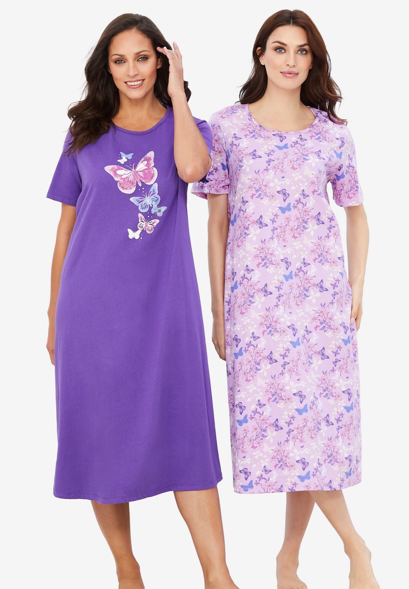 2 Pack Long Sleepshirts Relaxed Fit Scoop Neck Plum Burst Floral Butterfly Catherines