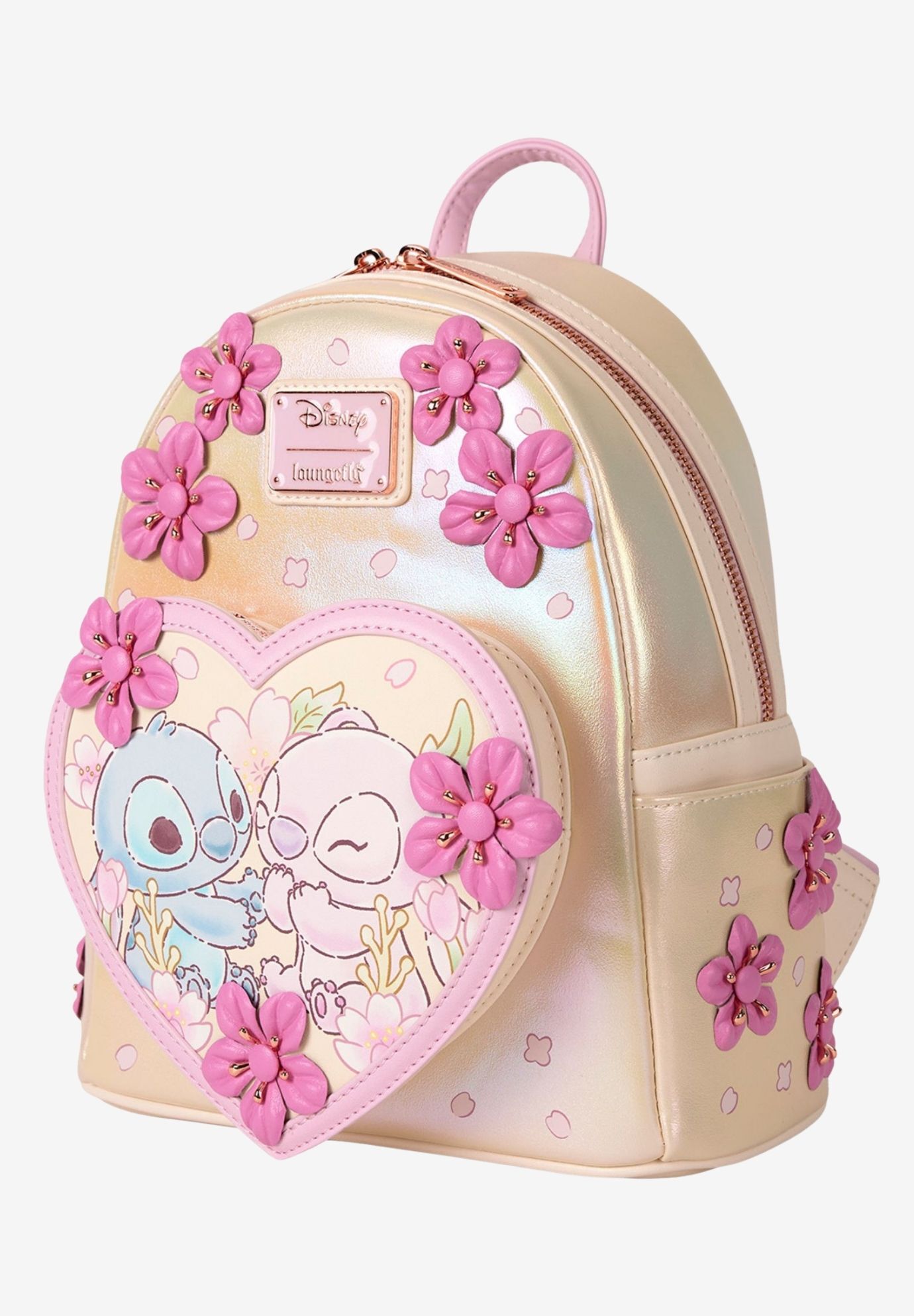 Loungefly Disney Stitch & Angel Mini Backpack Heart Floral Love, BEIGE, hi-res image number 0