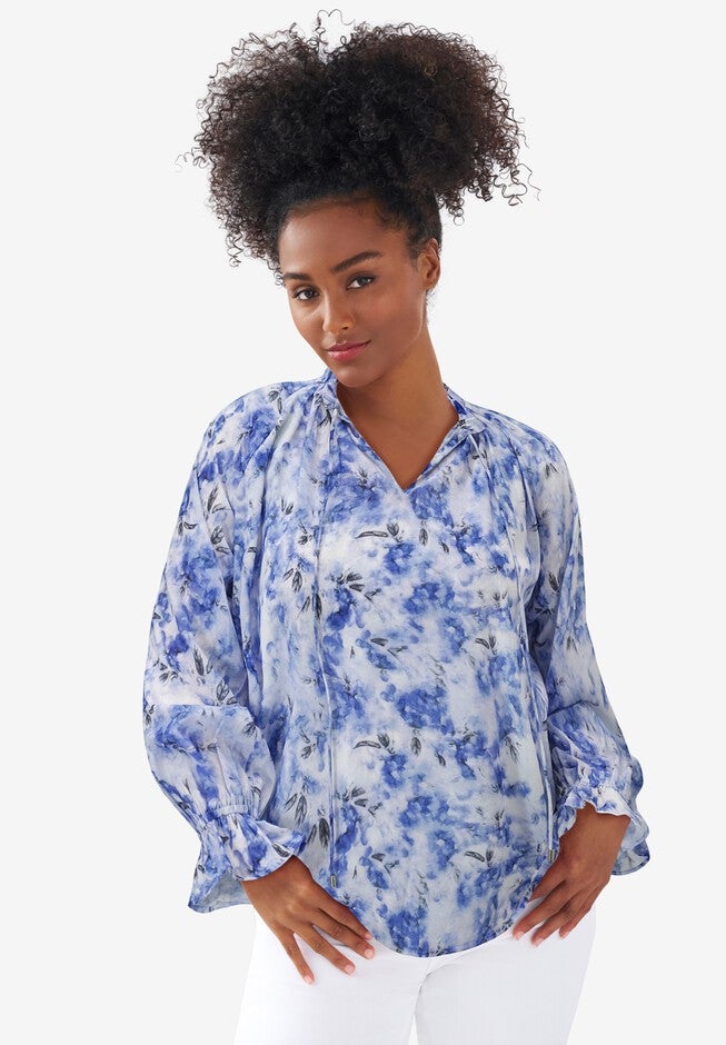 Keyhole Ruffle Trim Blouse, BLUEBERRY CREAM FLORAL, hi-res image number null