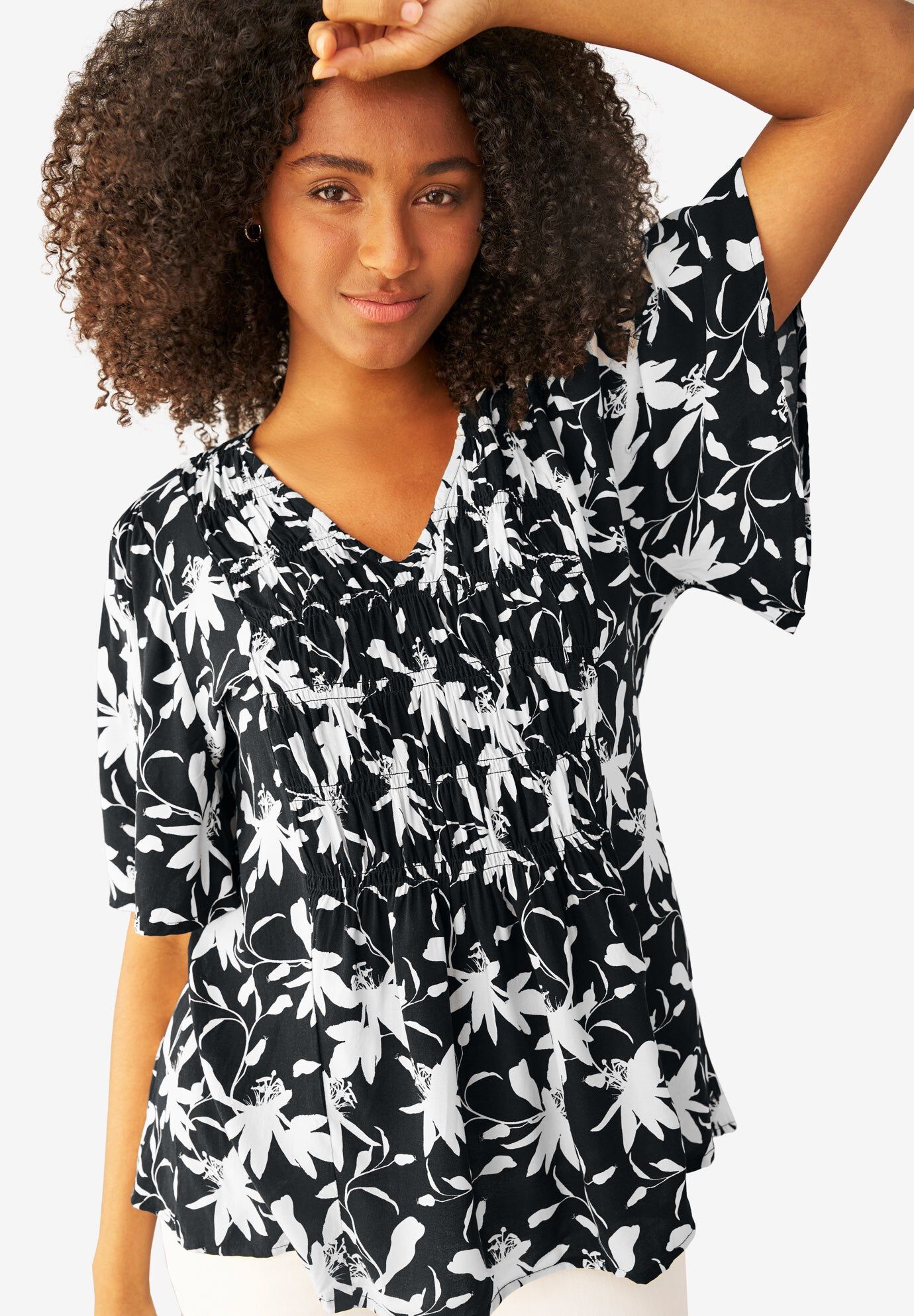 V-Neck A-Line Blouse with Smocked Bodice, BLACK WHITE PRINT, hi-res image number 0