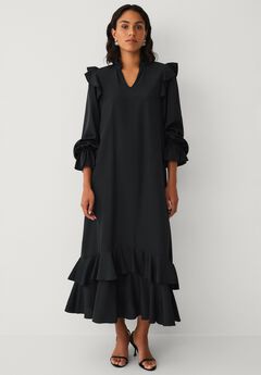 A-Line Notch Neck Ruffle Maxi Dress With Tie Waist