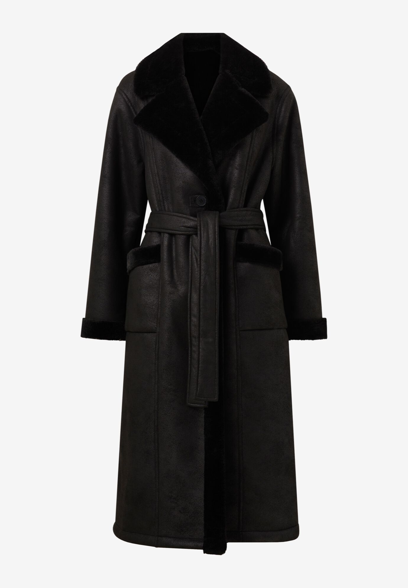 Long Faux Shearling Coat With Belt, , alternate image number 3