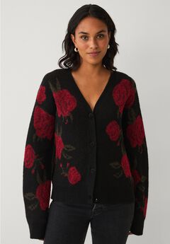 Wool-Blend V-Neckline Ribbed Boxy Rose Knit Cardigan