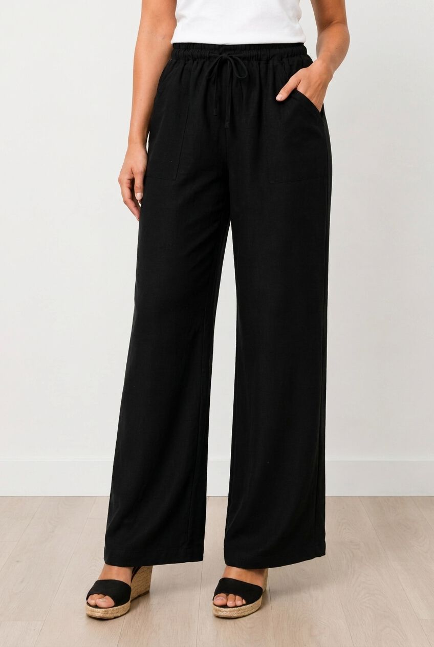Linen-Blend Elastic Waist Drawstring Relaxed Pant