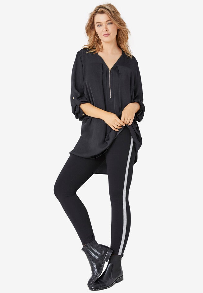 Glitter Side Stripe Ponte Leggings, BLACK SILVER, hi-res image number 0