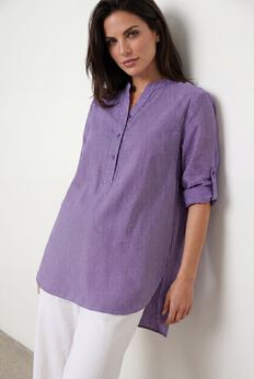 Three-Quarter Sleeve Roll Tab Relaxed Fit 100% Cotton Henley Tunic