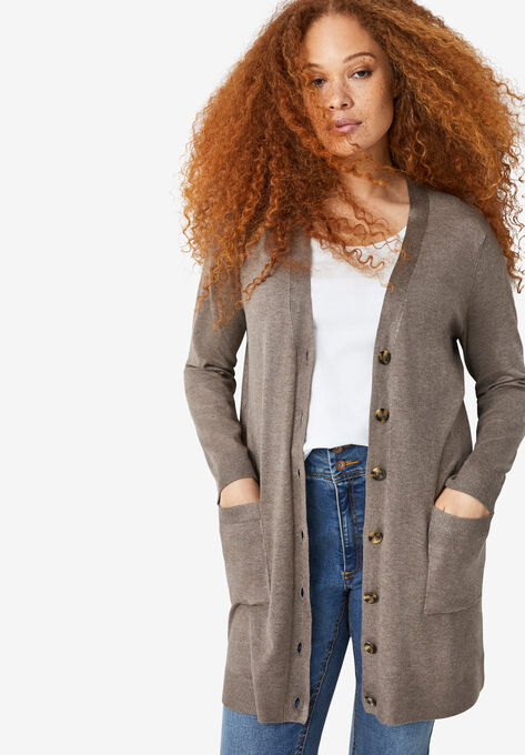 Long Boyfriend Cardigan With Tortoise Buttons, LATTE HEATHER, hi-res image number null