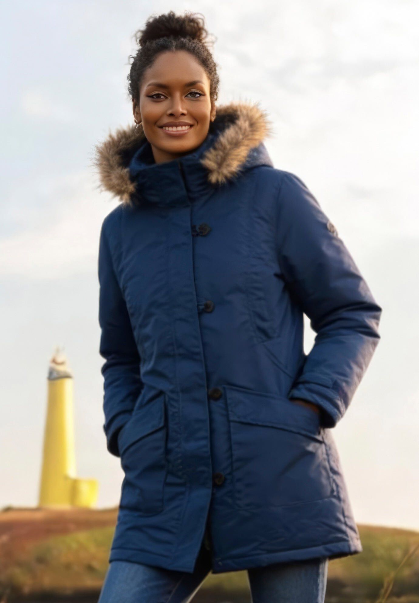 Long Puffer Coat with Side-Zip and Hood, Black | Catherines