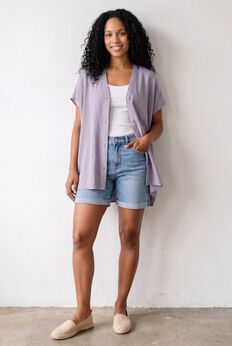 Linen-Blend V-Neck Button-Front Dolman Sleeve Oversized Tunic