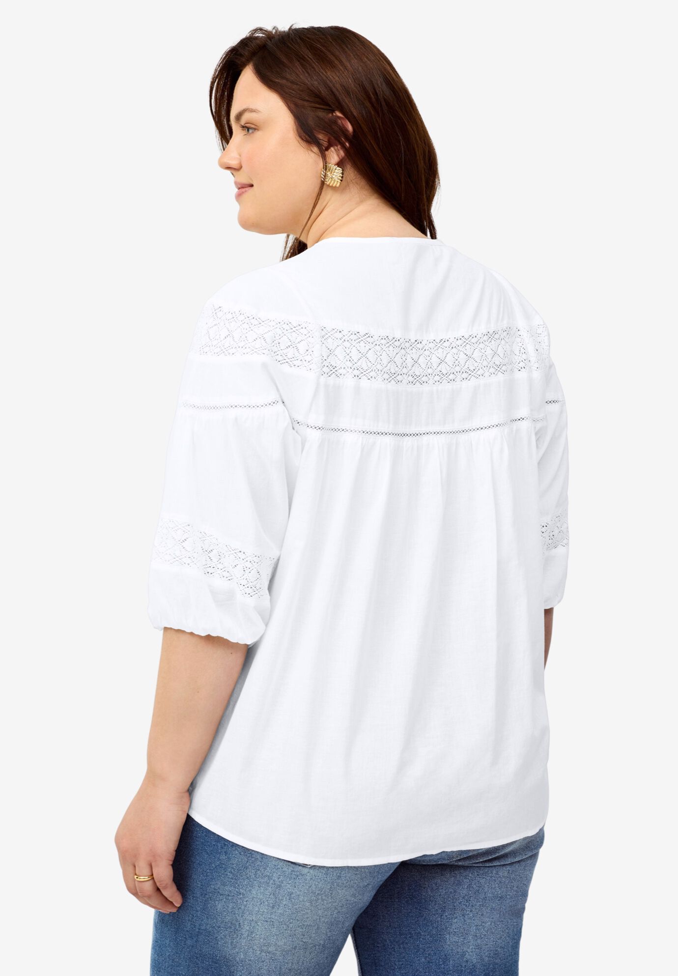 100% Cotton A-Line Three-Quarter Sleeve Keyhole Neck Blouse With Crochet Trim, WHITE, on-hover image number 1