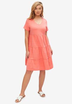 Cotton Spandex V-Neck Short Sleeve Tiered A-Line Dress