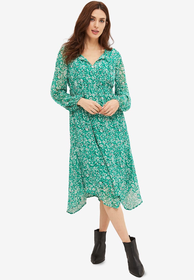 Point Hem Midi Dress With Keyhole Neckline, COOL GREEN WHITE FLORAL, hi-res image number 0