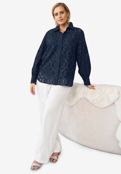 Eyelet Button Front Shirt With Blouson Sleeves
