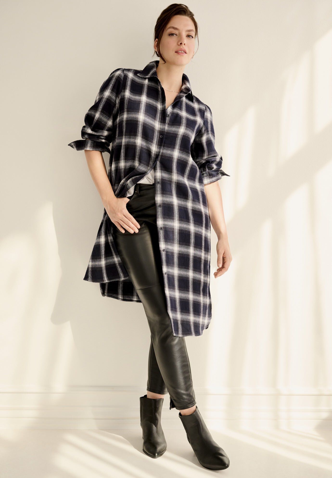 Flannel Button-Front Mega Tunic, NAVY PLAID, hi-res image number 0