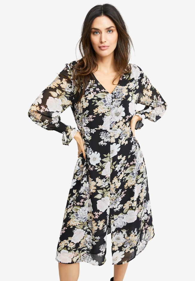 Side-Smock Dress, BLACK FLORAL, hi-res image number 0
