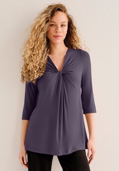 Stretch Jersey Knit V-Neck Three-Quarter Sleeve Knot Front Tunic