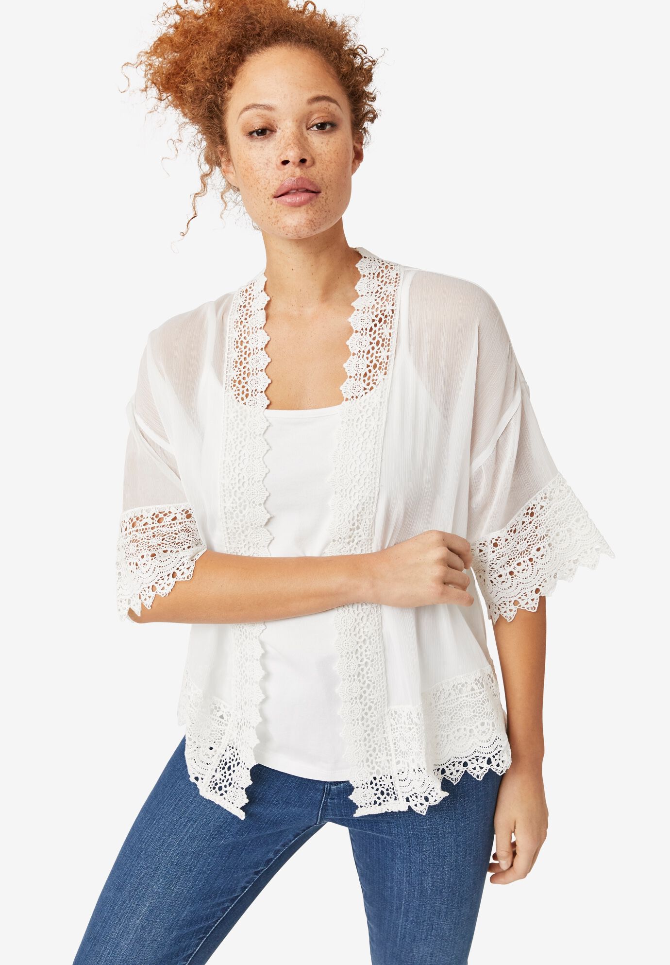 Sheer Lace Trim Kimono Cardigan