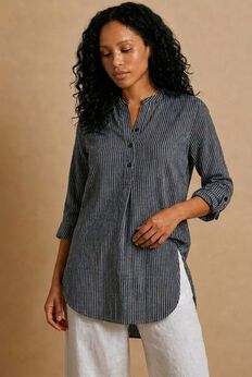 Three-Quarter Sleeve Roll Tab Relaxed Fit 100% Cotton Henley Tunic