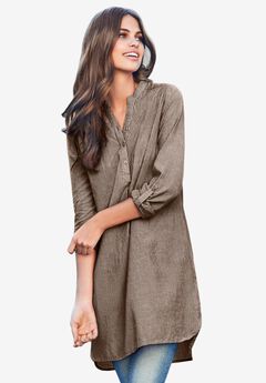 Three-Quarter Sleeve Roll Tab Relaxed Fit 100% Cotton Henley Tunic