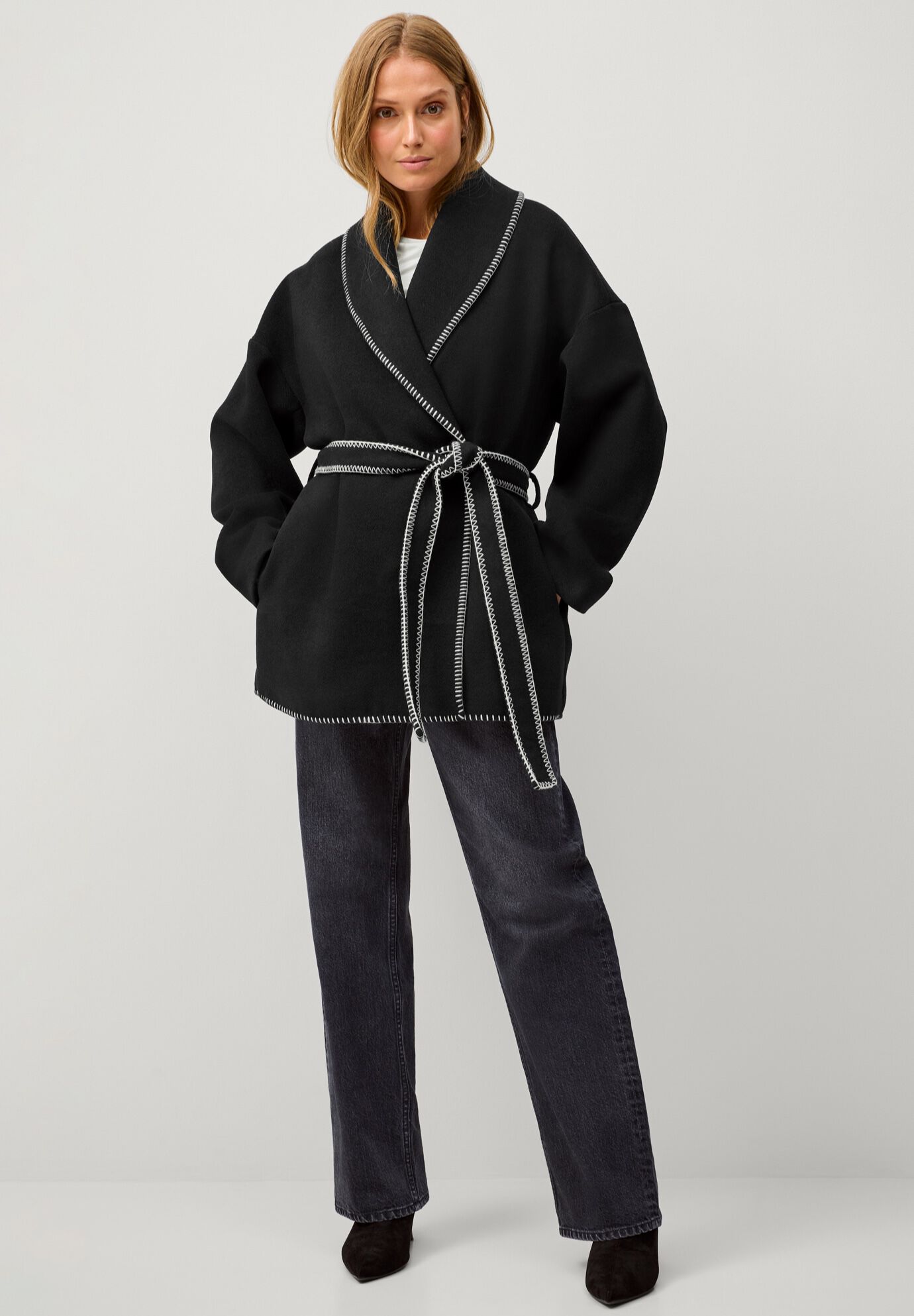 Wrap Jacket With Whipstitch Trim, BLACK, alternate image number 3