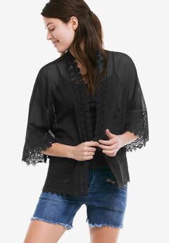 Sheer Lace Trim Kimono Cardigan