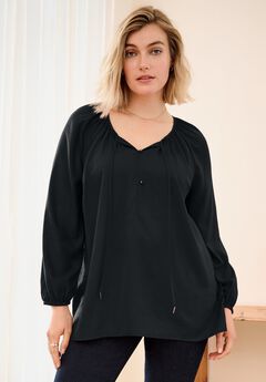 A-Line Long Sleeve Peasant Tunic with Tie-Neck Keyhole Neckline