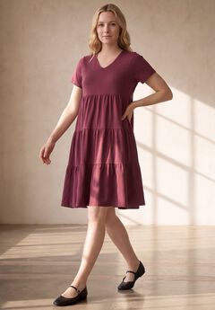 Cotton Spandex V-Neck Short Sleeve Tiered A-Line Dress