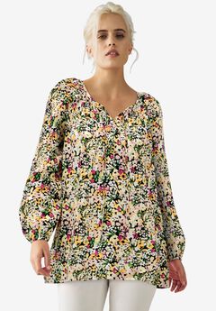 A-Line Long Sleeve Peasant Tunic with Tie-Neck Keyhole Neckline