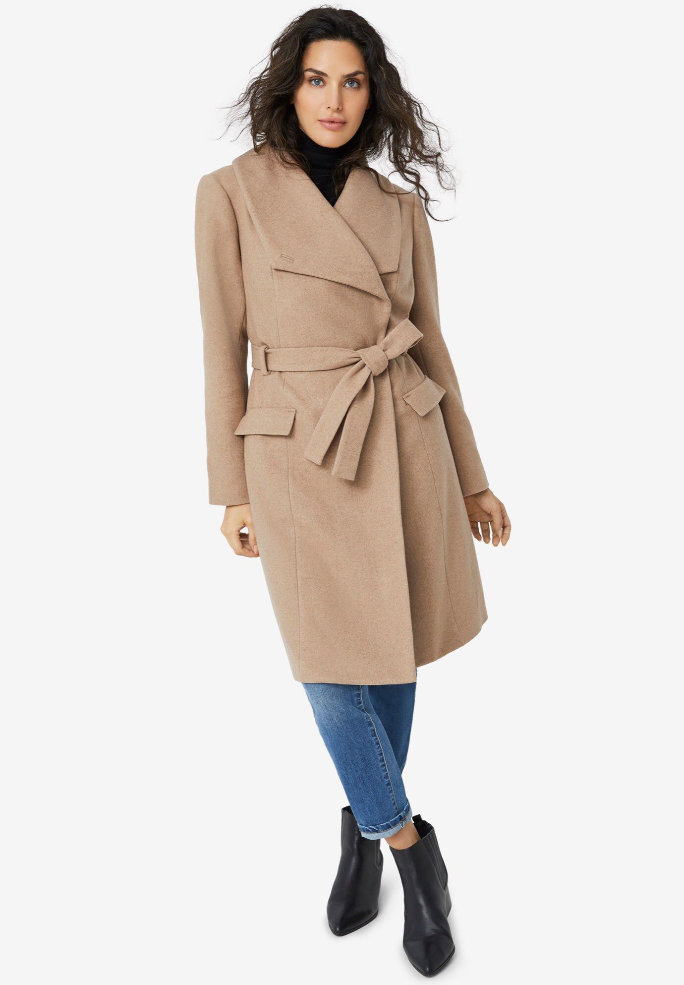 Wrap-Collar Wool-Blend Coat, BROWN SUGAR, hi-res image number 0