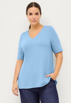 Stretch Jersey Knit A-Line Relaxed V-Neck Short Sleeve Tunic