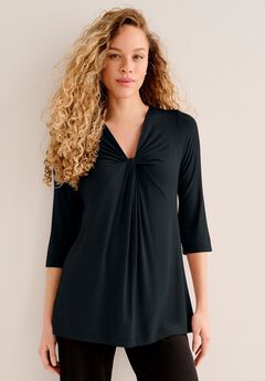 Stretch Knit V-neck 3/4 Sleeve Knot Front Tunic