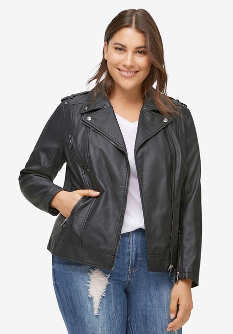 Faux Leather Moto Jacket, BLACK, hi-res image number null