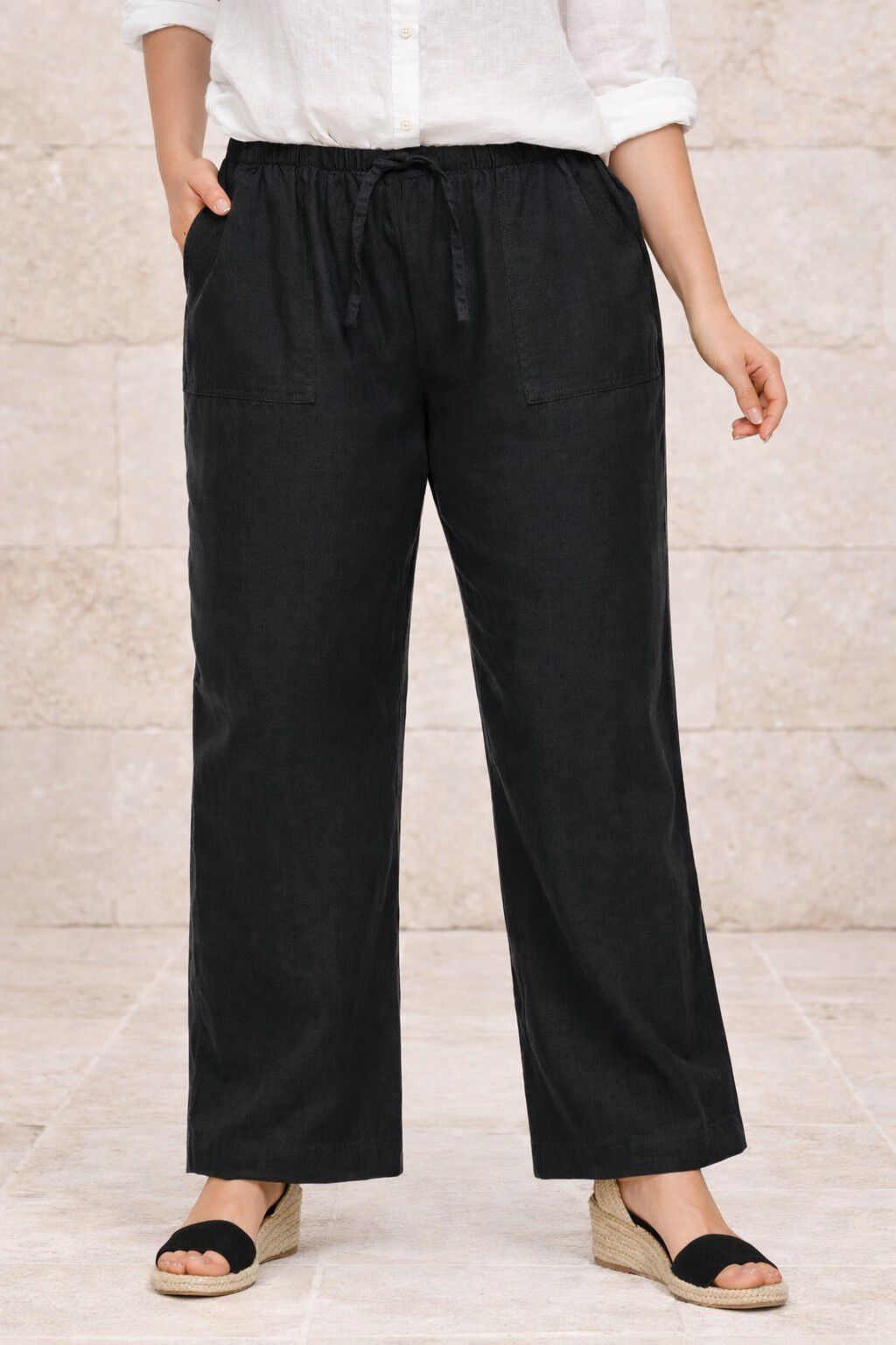 Linen-Blend Drawstring Elastic Waist Pants