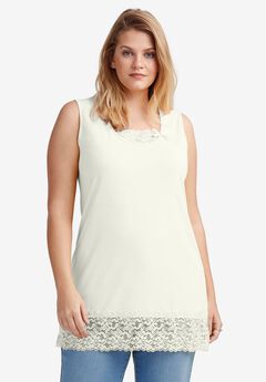 Cotton Spandex Lace Trimmed Scoop Neck Sleeveless Tunic