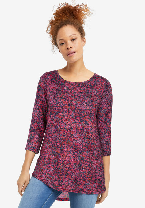 Three-Quarter Sleeve Curved Hem Tunic, PERIWINKLE RASPBERRY FLORAL, hi-res image number null