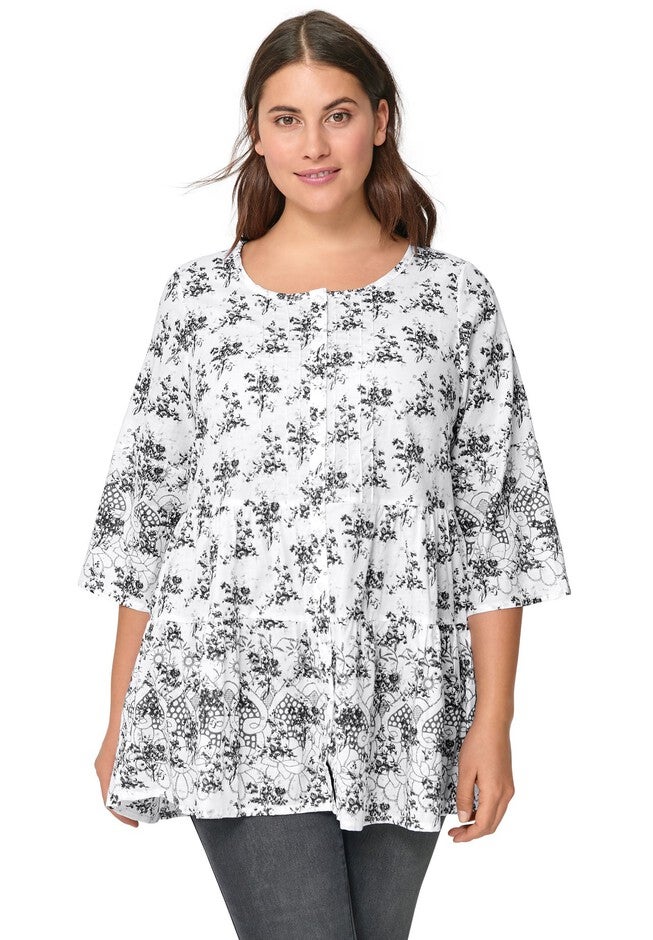 Tiered Floral 3/4 Sleeve Tunic, BLACK WHITE PRINT, hi-res image number 0