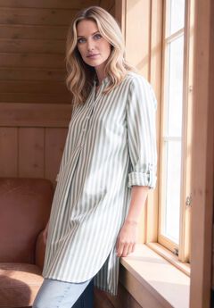 Three-Quarter Sleeve Roll Tab Relaxed Fit 100% Cotton Henley Tunic
