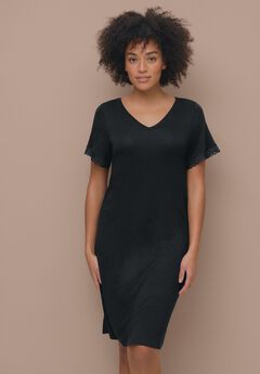 Stretch Knit V-neck Short Sleeve Lace Trim Sleep Shirt