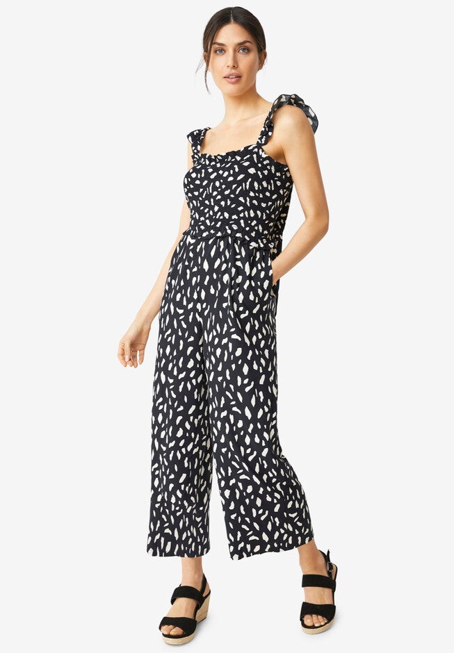 Jumpsuit With Smocked Bodice, BLACK IVORY PRINT, hi-res image number null