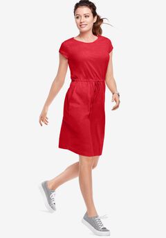 Cotton Jersey Knit Cinched-Waist Drawstring Midi Dress