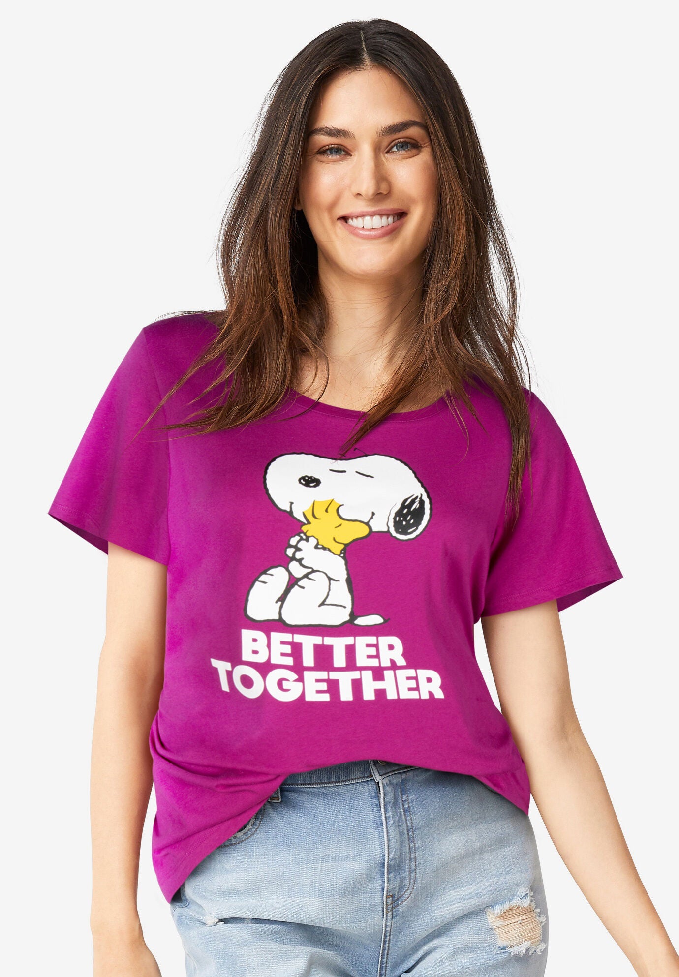 Peanuts Short-Sleeve Raspberry Snoopy Woodstock Crew Tee, RASPBERRY SNOOPY WOODSTOCK, hi-res image number 0