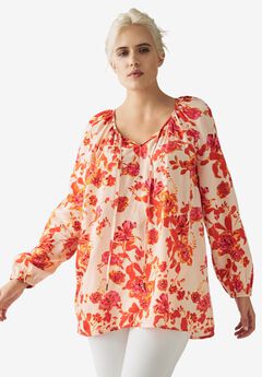 A-Line Long Sleeve Peasant Tunic with Tie-Neck Keyhole Neckline