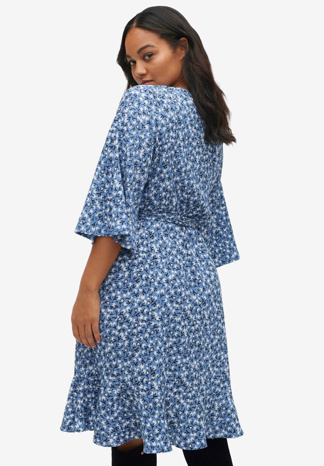 V-Neck Textured Knit Dress With Diagonal Ruffle, , on-hover image number 1