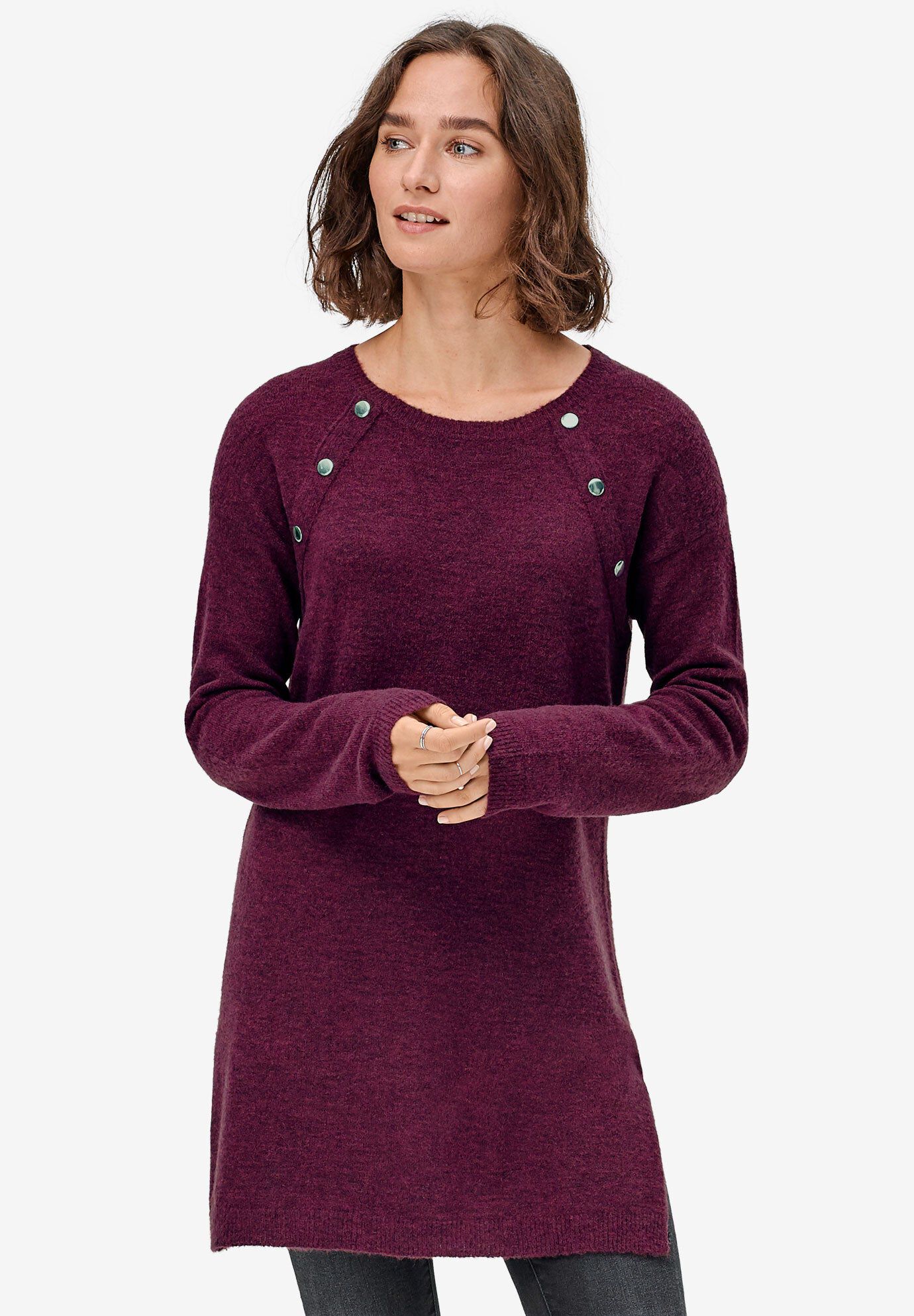 Button-Trim Sweater Tunic, MIDNIGHT BERRY MARLED, hi-res image number 0