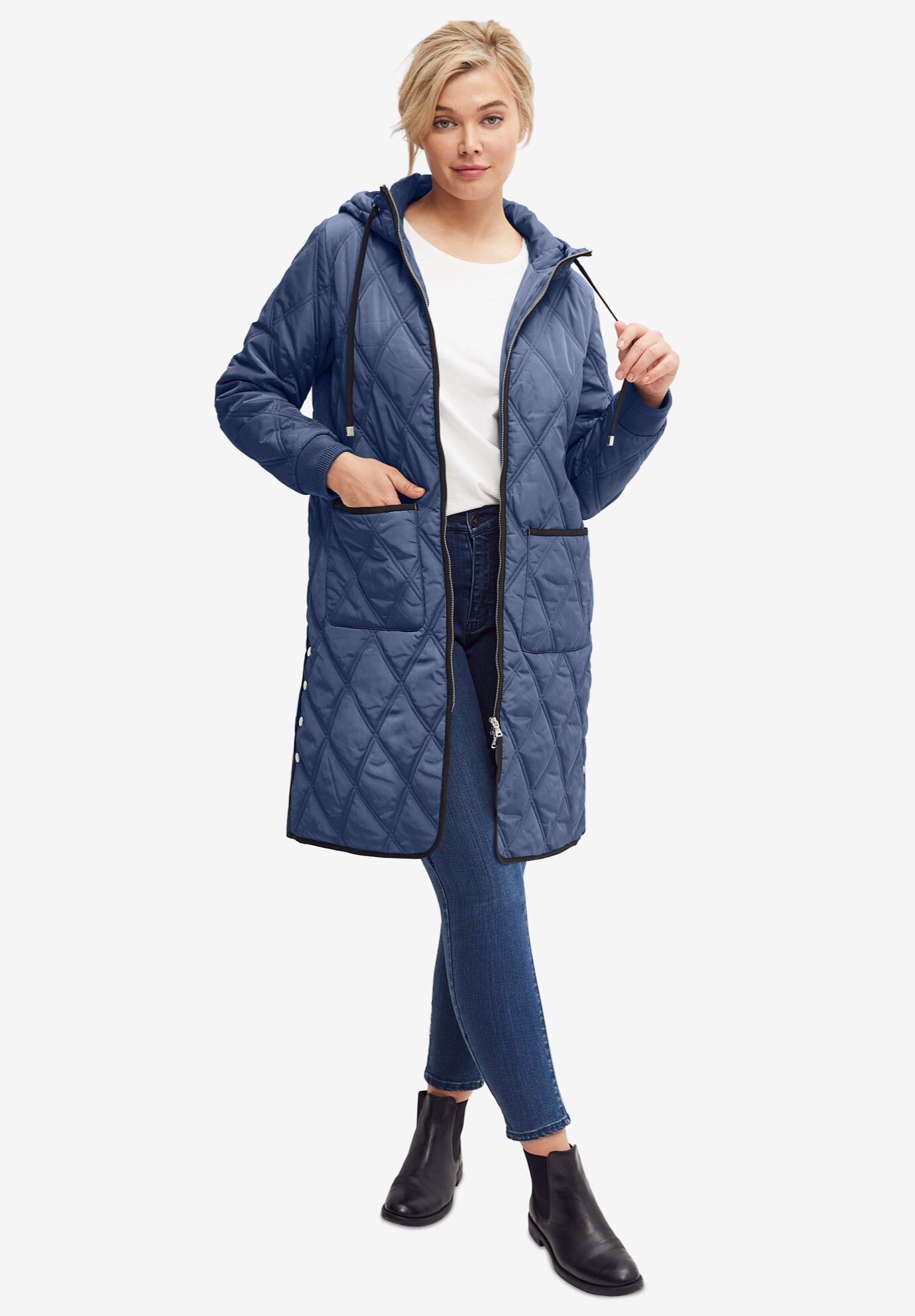 Long Quilted Hooded Jacket, NIGHT BLUE, hi-res image number 0