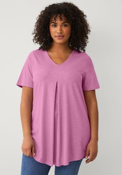 Cotton Jersey Slub V-Neck Inverted Pleat Tunic with Curved Hem
