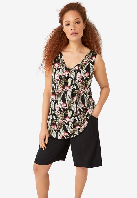 V-Neck Tank, BLACK LEAF PRINT, hi-res image number null