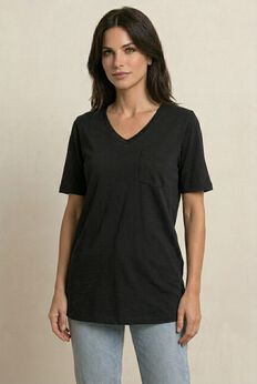 Stretch Knit V-neck Short Sleeve Chest Pocket Tunic