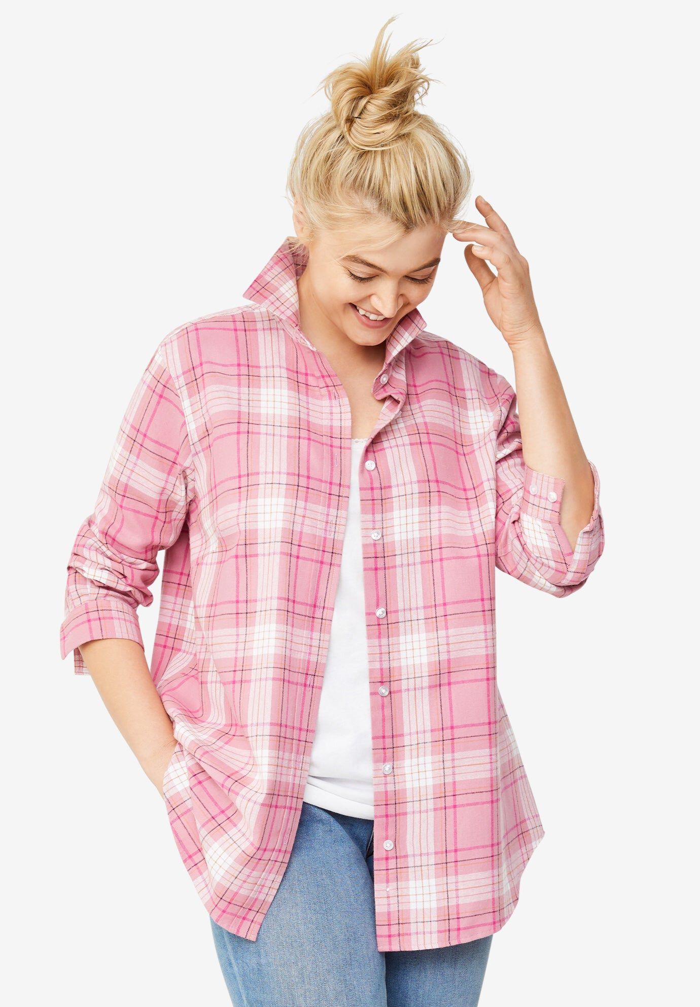 Plaid Flannel Shirt with Button-Front Styling, Dusty Pink Plaid
